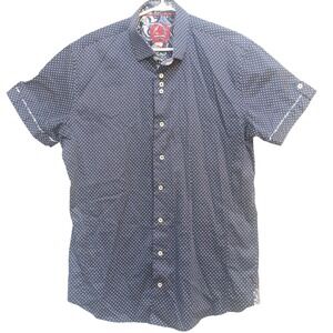 Au Noir Shirt Men's 4 Navy Polka Dot Stretch Cotton Short Sleeve‎ Button Up